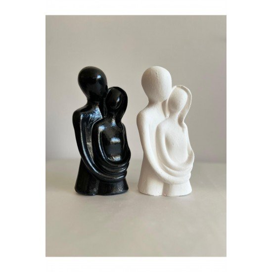 Sevgili Aşıklar Sarılmış Biblo Dekor biblo -Siyah Beyaz 20 cm 2 Li Set