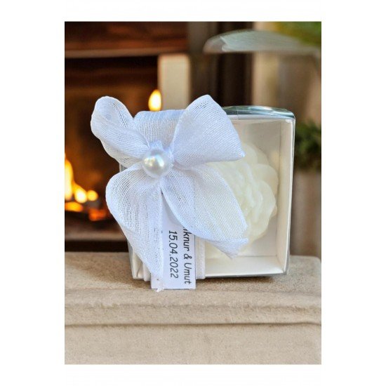 Bernami  Beyaz Kutulu Şakayık Çiçeği Mum Inci Ve Kurdele Süslemeli , Nişan, Düğün, Söz - 15 Adet