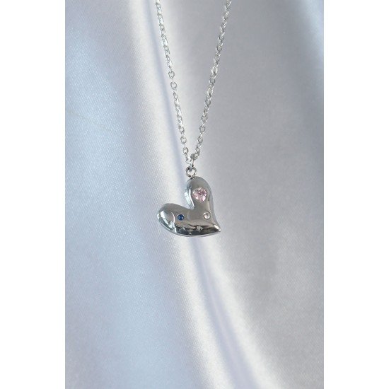 Özel Çelik Zincir Renk Renkli Zirkon Taşlı Kalp Kolye Fırsat!!!