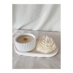 Şömine Sesli (ahşap fitilli) Kokulu Mum - Şakayık - Tabak seti  ( 3 Parça set)