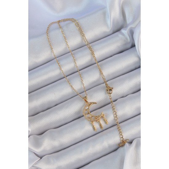 Özel Çelik Zincir Altın Renk İşlemeli Zirkon Taşlı Ay Kolye Fırsat!!!