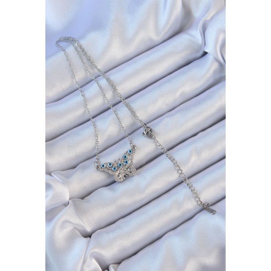 Özel Çelik Zincir Renk Zirkon Taşlı Nazarlı Kelebek Kolye Fırsat!!!