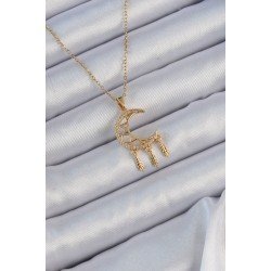 Özel Çelik Zincir Altın Renk İşlemeli Zirkon Taşlı Ay Kolye Fırsat!!!