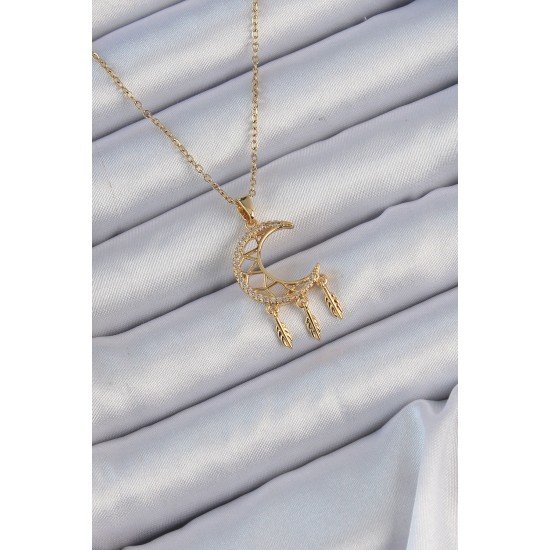 Özel Çelik Zincir Altın Renk İşlemeli Zirkon Taşlı Ay Kolye Fırsat!!!