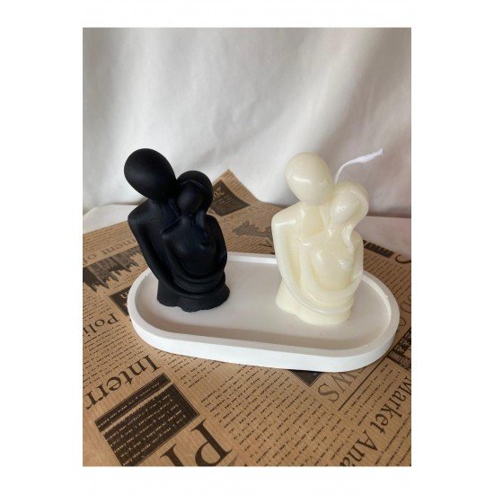 Kadın Erkek Çift Mum ve Biblo + Organizer Dekoratif Tabaklı Set ( 3 parça )