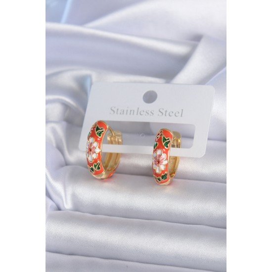 Özel Pirinç Gold Renk Çiçek İşleme Turuncu Kadın Küpe Fırsat!!!