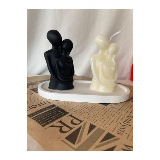 Kadın Erkek Çift Mum ve Biblo + Organizer Dekoratif Tabaklı Set ( 3 parça )