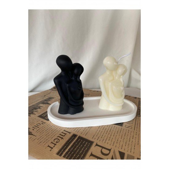 Kadın Erkek Çift Mum ve Biblo + Organizer Dekoratif Tabaklı Set ( 3 parça )