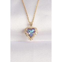 Özel Çelik Zincir Altın Renk Zirkon Taşlı Mavi Mor Renkli Kalp Figür Kolye Fırsat!!!