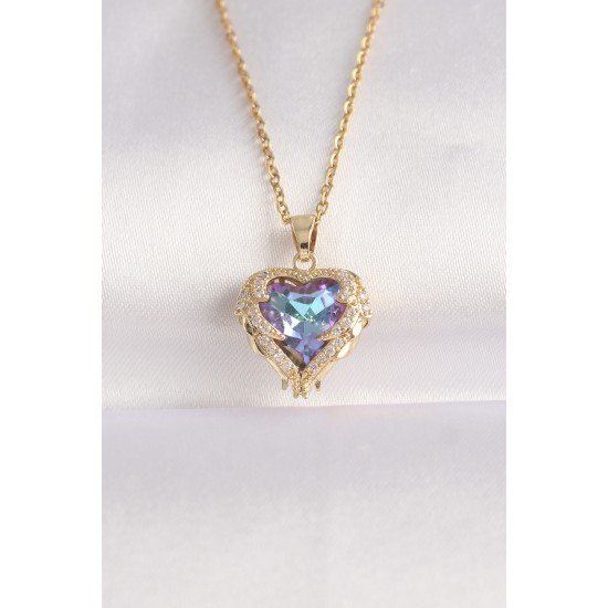 Özel Çelik Zincir Altın Renk Zirkon Taşlı Mavi Mor Renkli Kalp Figür Kolye Fırsat!!!