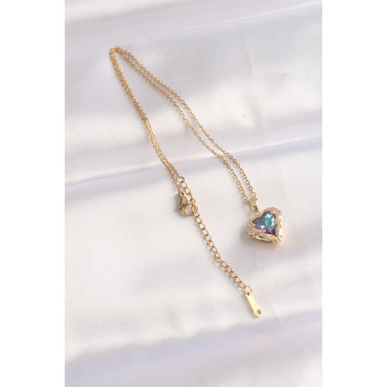 Özel Çelik Zincir Altın Renk Zirkon Taşlı Mavi Mor Renkli Kalp Figür Kolye Fırsat!!!