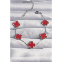 Özel Çelik Renk Kırmızı Mineli Yonca Bileklik Fırsat!!!