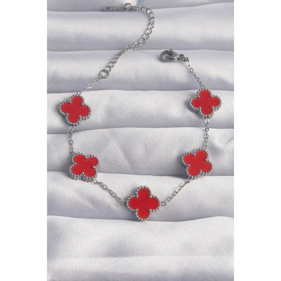 Özel Çelik Renk Kırmızı Mineli Yonca Bileklik Fırsat!!!