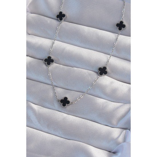 Özel Çelik Renk Minimal Siyah Mineli Yonca Kolye Fırsat!!!