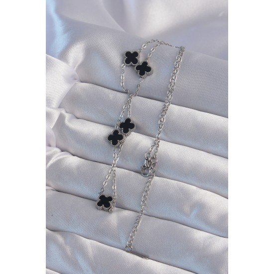 Özel Çelik Renk Minimal Siyah Mineli Yonca Kolye Fırsat!!!