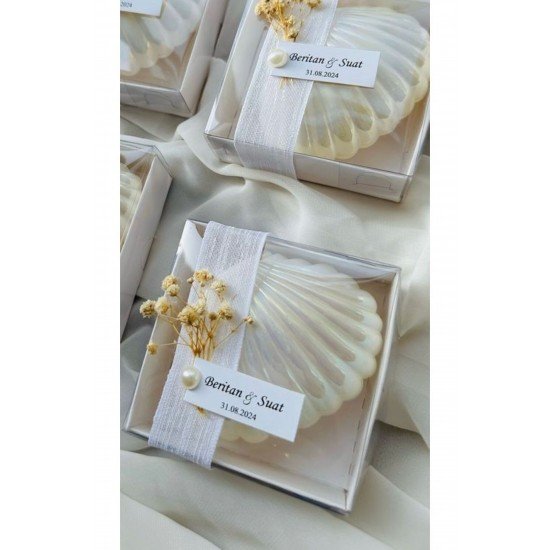 Süslemeli Kutulu İstiridye Mum. Düğün, Kına, Nişan, Söz, Nikah Hediyelik Kutu - 15 Adet