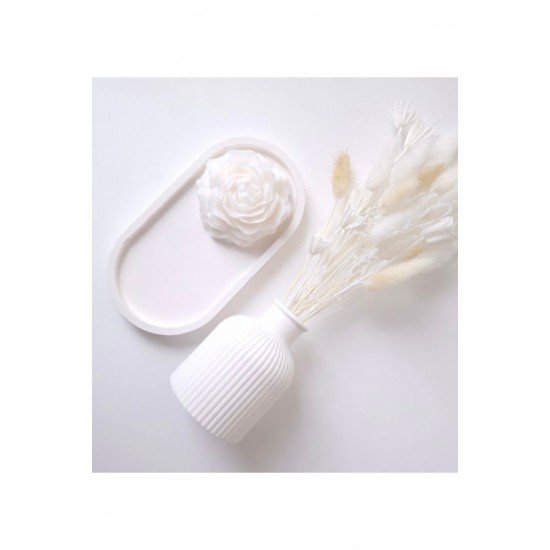 Official Dekoratif Tabak Vazo Şakayık Mum Seti Beyaz Set