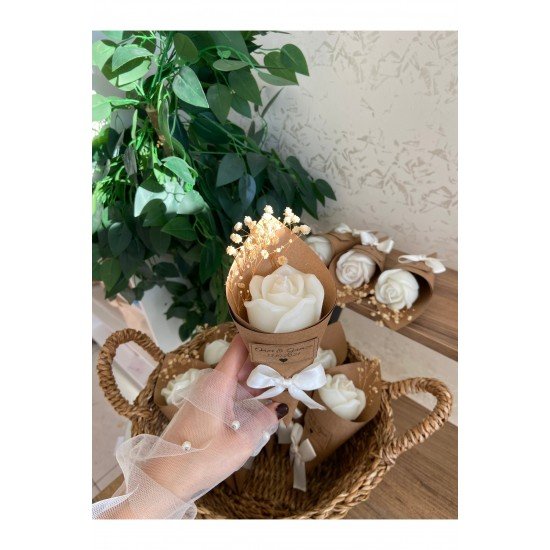 Kişiye Özel Düğün|nişan|söz|anneler Günü Hediyelik Beyaz Gül Model Buket Mum - 10 Adet