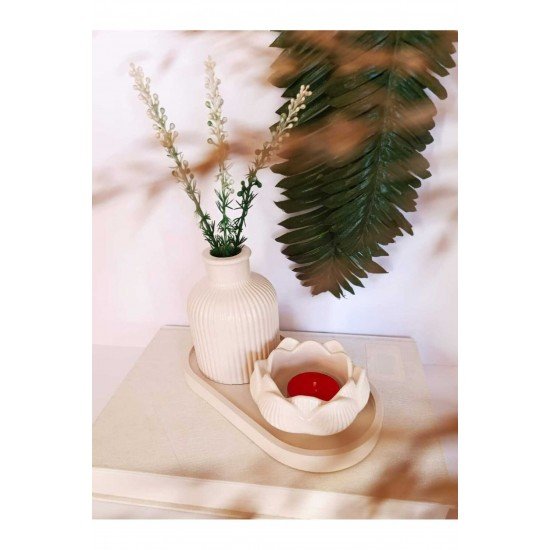 VAZO SETİ PAMPAS VAZO LOTUS MUMLUK DEKORATİF TABAK BİBLO SETİ 3 PARÇA KOYU KREM RENGİNDE