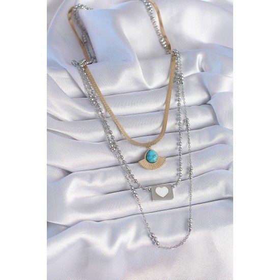 Özel Çelik Mix Renk 3'Lü Zincir Damla Madalyon Figür Uzun Kadın Kolye Fırsat!!!