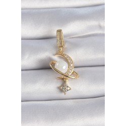 Özel Pirinç Gold Renk Zirkon Taş Detaylı Hilal Model Sallantı İncili Ajda Charm Fırsat!!!