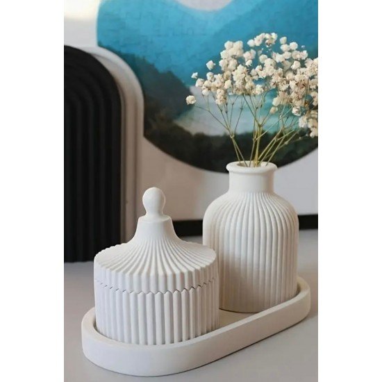 Dekoratif Tepside 3’lü Set  Tealiaght Mumluk + Dekoratif Tepsi +  Dekoratif Çizgili Vazo