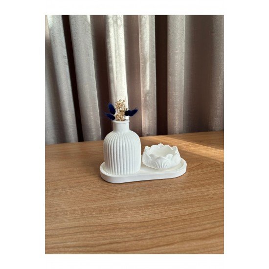Dekoratif 3’lü Set,Oval Dekoratif Tabak,Vazo,Lotus Mumluk