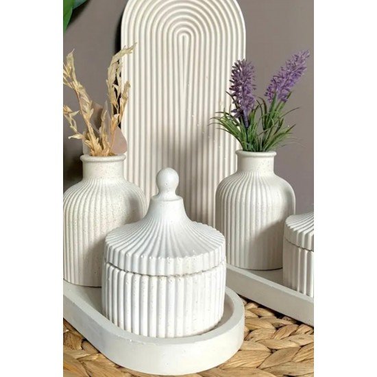 Dekoratif Tepside 3’lü Set  Tealiaght Mumluk + Dekoratif Tepsi +  Dekoratif Çizgili Vazo