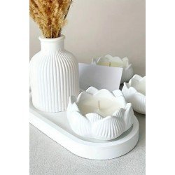 Pinterest 3’lü Set Dekoratif Tealight Lotus Çiçeği Mumluk + Dekoratif Çizgili Vazo+ Dekoratif Tabak