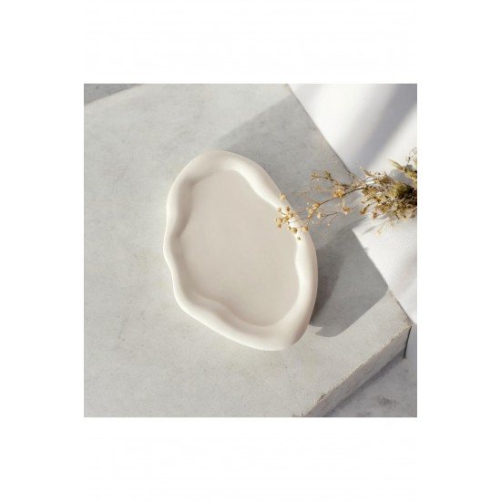 Home Doğal Dalga Formlu Dekoratif Tepsi - Beyaz Taş Tozu Takı ve Mumluk