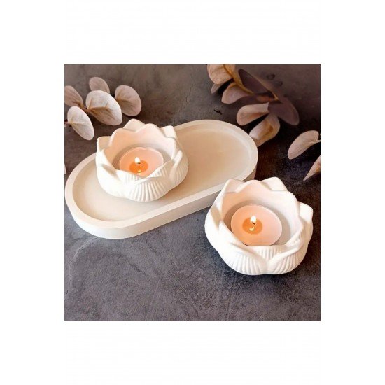 3’lü Set Dekoratif 2 Lotus Çiçeği Mumluk + Dekoratif Tabak  Hediyelik Obje Dekoratif Lokumluk