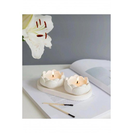 İkili Lotus Kokulu Mum - Sunum Tabağı Hediyeli