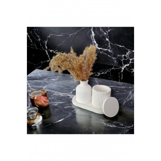 Düz Oval Tepsi, Vazo, Mumluk 3 Parça Set - 15