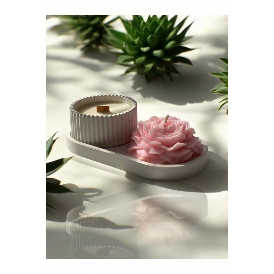 Dekoratif Oval Tabak & Şakayık Mum & Beton Çizgili Mumluk Set