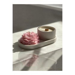 Dekoratif Oval Tabak & Şakayık Mum & Beton Çizgili Mumluk Set