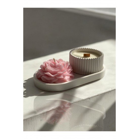 Dekoratif Oval Tabak & Şakayık Mum & Beton Çizgili Mumluk Set