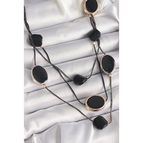 Özel Pirinç Siyah Renk Zincir Kristal Taşlı Kadın Kolye Fırsat!!!