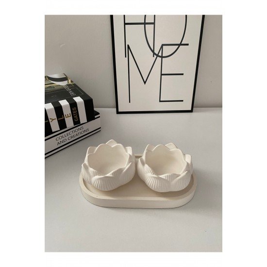 2 Adet Beyaz Gül Model Mumluk ve Tepsi Set
