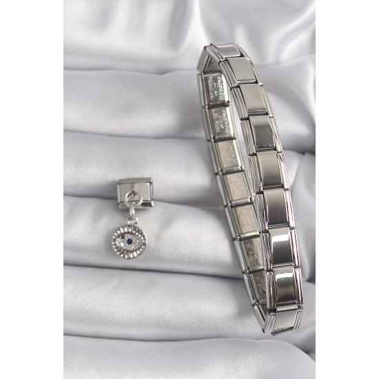 Çelik Gümüş Renk Sallantı Zirkon Taşlı Göz Model Nomination Charm