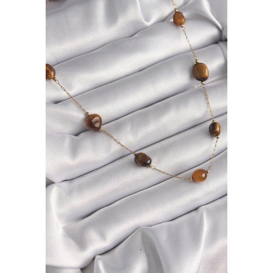 Özel Çelik Gold Renk Zincir Kahvrengi Doğaltaş Model Kadın Kolye Fırsat!!!