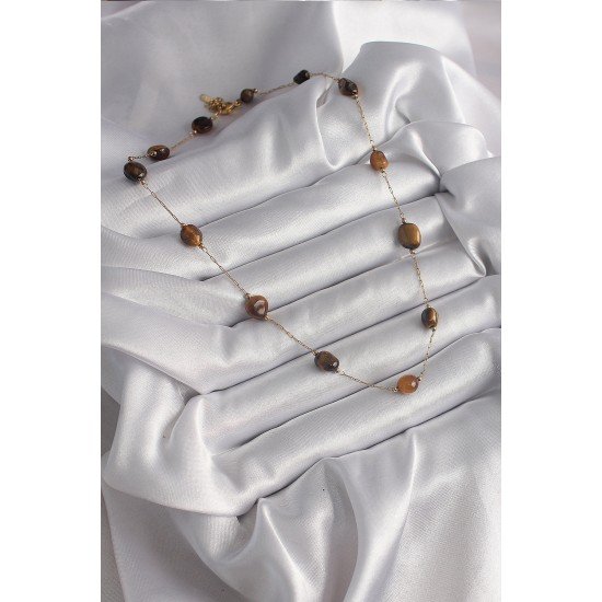 Özel Çelik Gold Renk Zincir Kahvrengi Doğaltaş Model Kadın Kolye Fırsat!!!