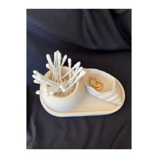 Dekoratif Deniz Kabuğu Ve Oval Saksı Objesi 3’lü Set Salon Objesi Banyo Objesi Dekor