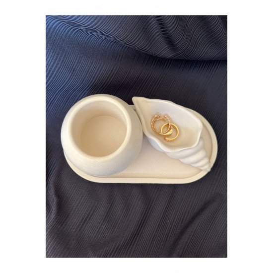 Dekoratif Deniz Kabuğu Ve Oval Saksı Objesi 3’lü Set Salon Objesi Banyo Objesi Dekor