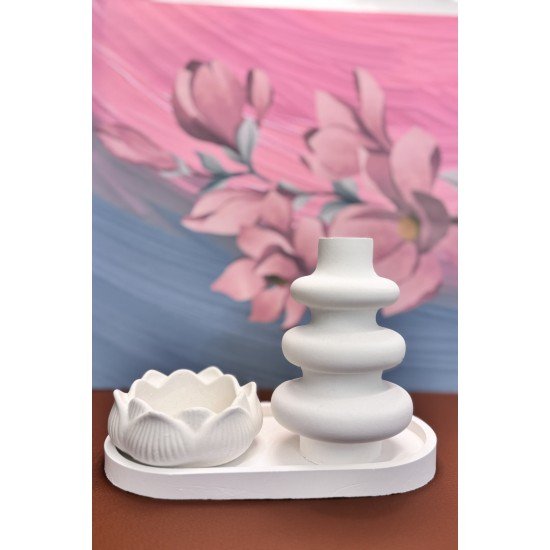 Tealight Mumluk, Vazo ve Tepsi Seti - Modern Minimal Tasarım, Şık Ev ve Ofis Aksesuarı