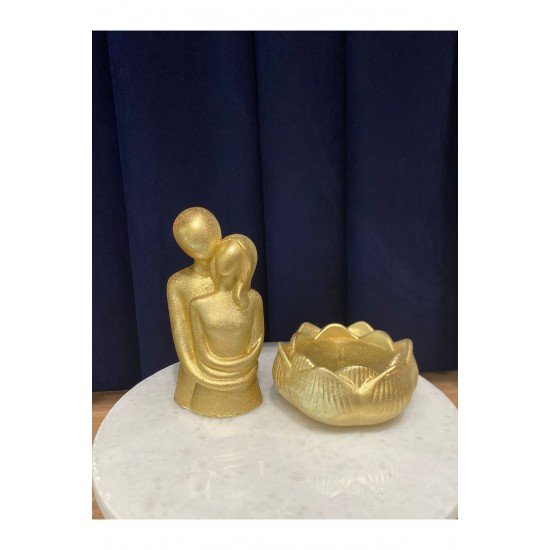 Official Altın Gold Rengi Sarılan Çift, Lotus Mumluk Seti