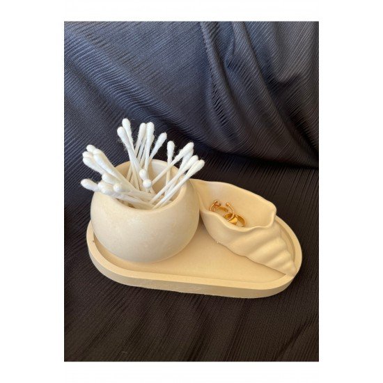 Dekoratif Deniz Kabuğu Ve Oval Saksı Objesi 3’lü Set Salon Objesi Banyo Objesi Dekor