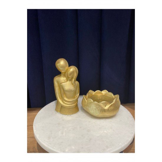 Official Altın Gold Rengi Sarılan Çift, Lotus Mumluk Seti