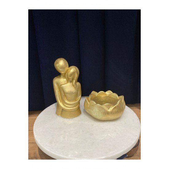 Official Altın Gold Rengi Sarılan Çift, Lotus Mumluk Seti