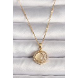 Özel Çelik Gold Renk Zirkon Taşlı Sarı Sedefli Hilal Model Kadın Kolye Fırsat!!!