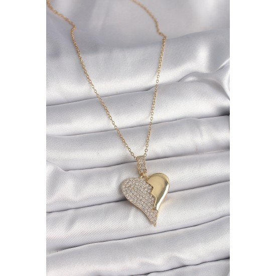Özel Çelik Gold Renk Zincir Zirkon Taşlı Kırık Kalp Model Kadın Kolye Fırsat!!!